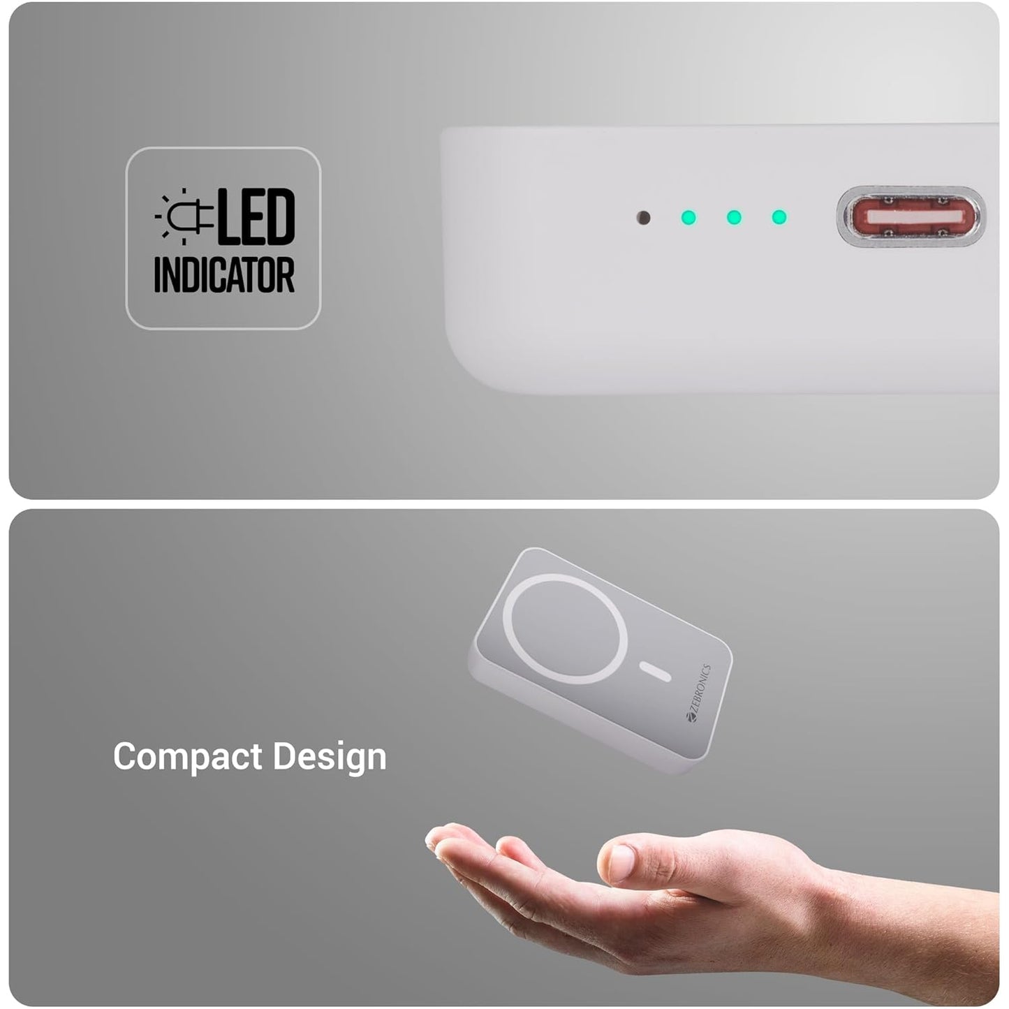 ZEBRONICS MW63 Wireless Power Bank, 10000 mAh, Rapid Charge, Magsafe, Outputs - 20W Wired | 15W Wireless, Type C PD, Built in Protections, LED Indicator, Compatible with iPhone, Made in India