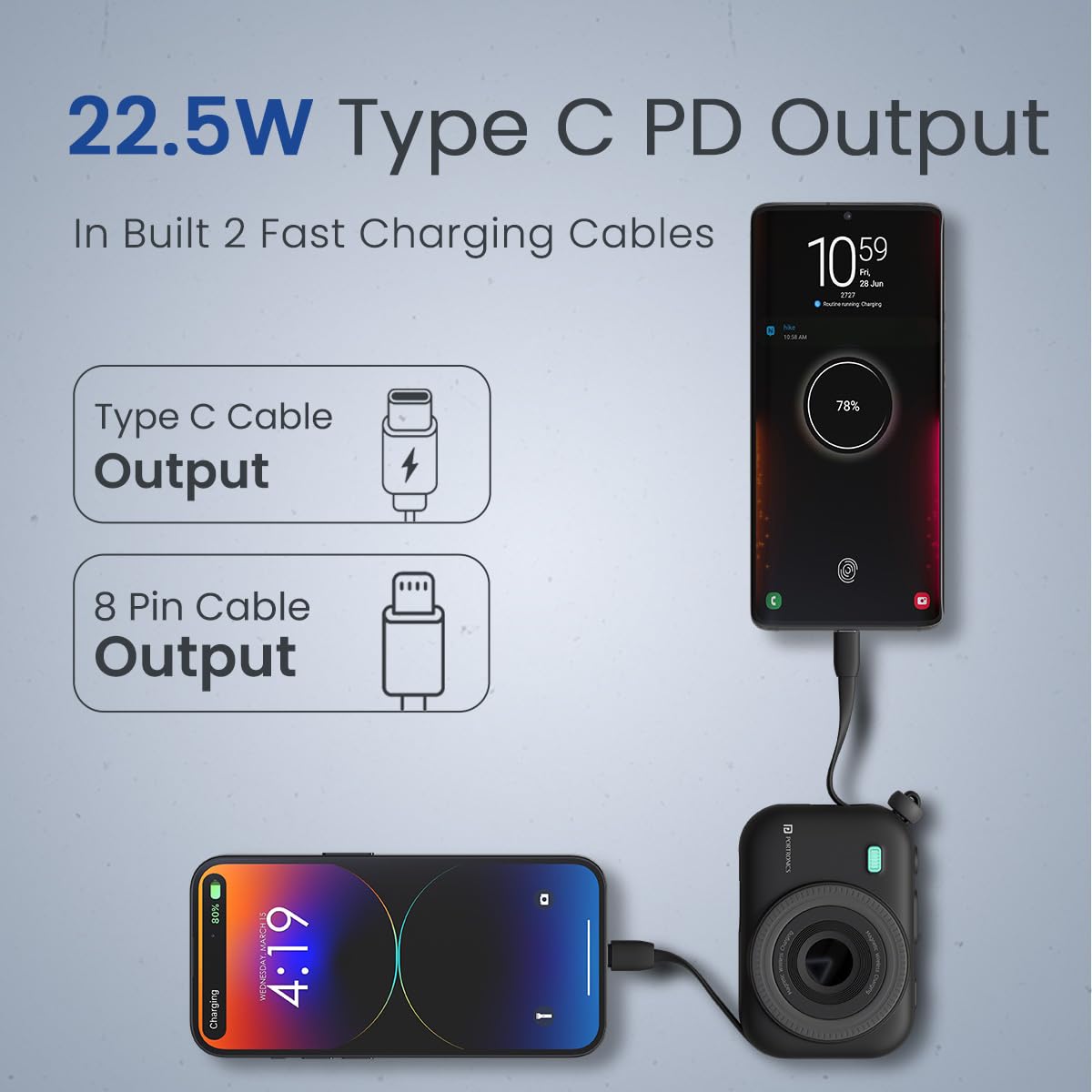 Portronics Power Shutter 10000mAh 15W Magnetic Wireless Fast Charging Powerbank with in-Built Type C & 8 Pin Cable, 22.5W Type C PD Output, Type C Bidirectional Port, LED Display (Black)