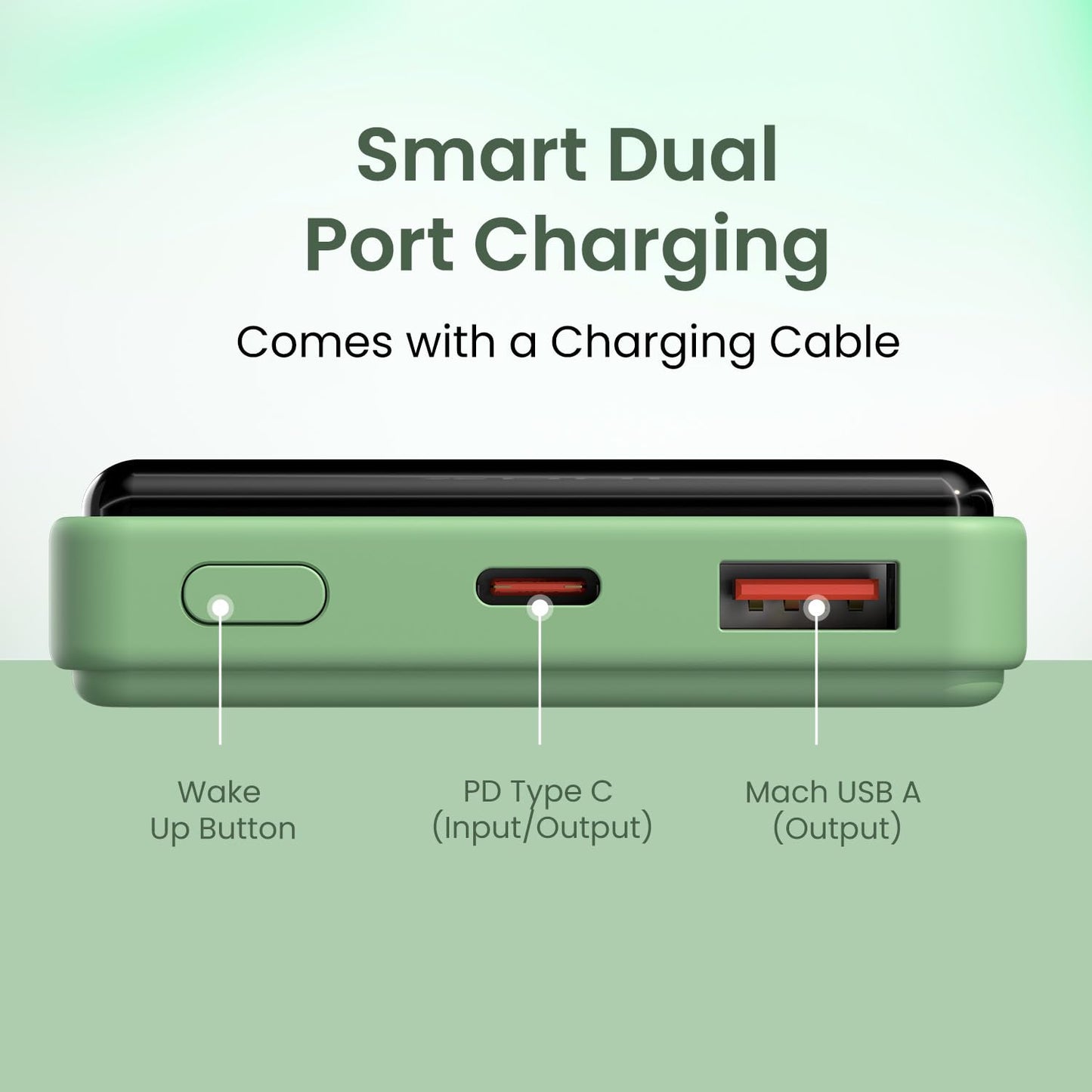 Portronics Luxcell B 10K 10000 mAh 22.5W Fast Charging Power Bank, Ultra Slim Power Bank with Mach USB-A Output, Type C PD Output, Type C Input, Wake Up Button(Green)