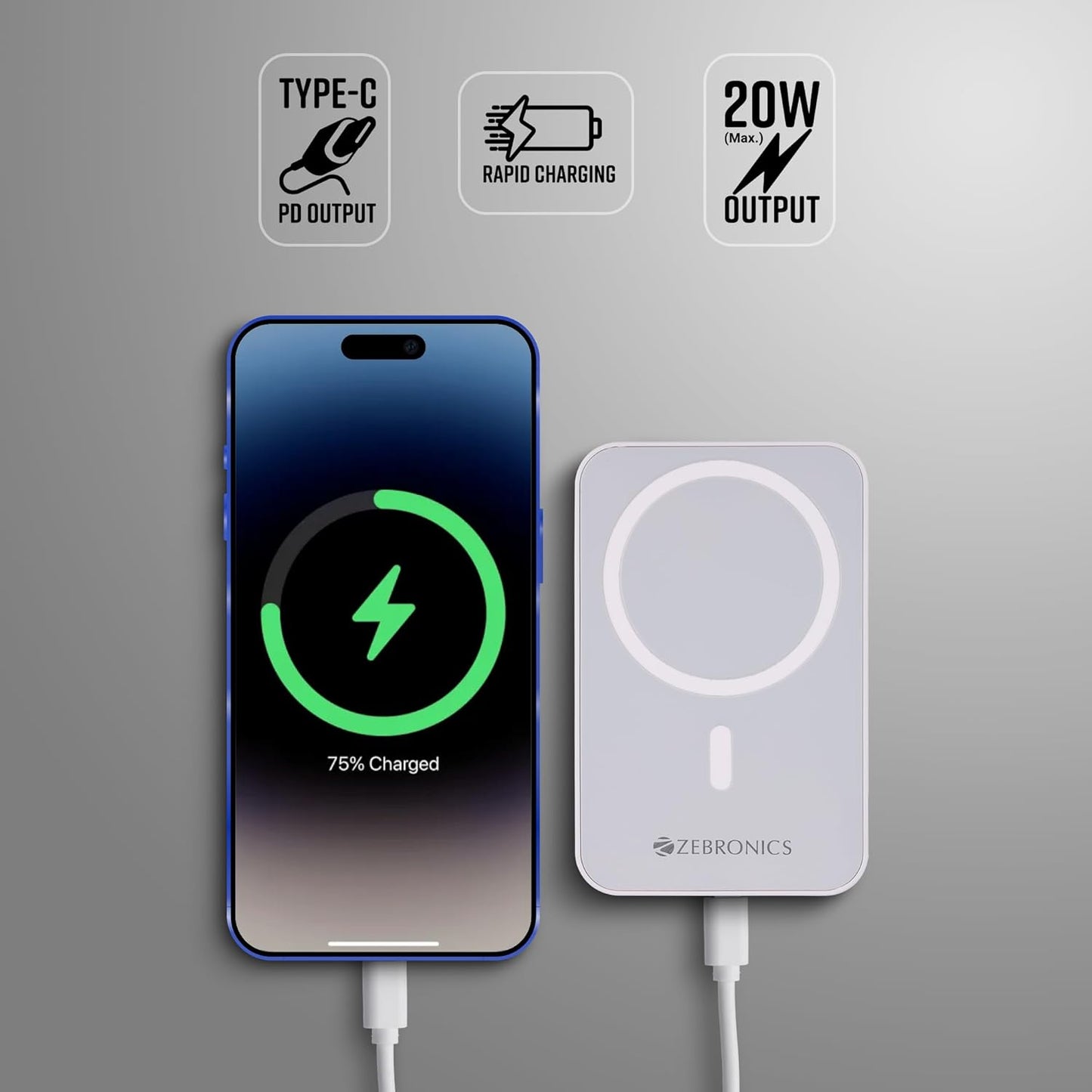 ZEBRONICS MW63 Wireless Power Bank, 10000 mAh, Rapid Charge, Magsafe, Outputs - 20W Wired | 15W Wireless, Type C PD, Built in Protections, LED Indicator, Compatible with iPhone, Made in India