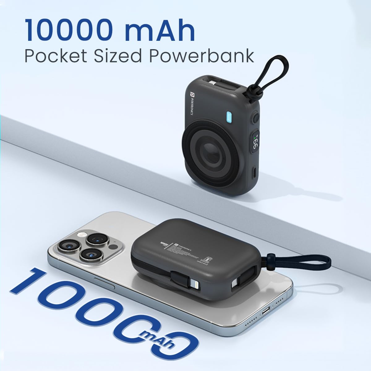 Portronics Power Shutter 10000mAh 15W Magnetic Wireless Fast Charging Powerbank with in-Built Type C & 8 Pin Cable, 22.5W Type C PD Output, Type C Bidirectional Port, LED Display (Black)
