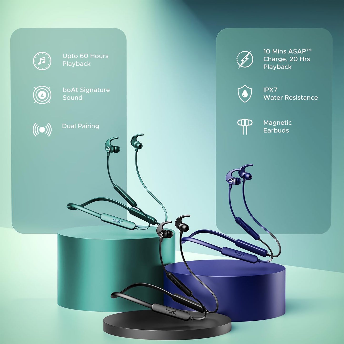 boAt Rockerz 255 Pro+, 60HRS Battery, Fast Charge, IPX7, Dual Pairing, Low Latency, Magnetic Earbuds, in Ear Bluetooth Neckband, Wireless with Mic Earphones (Teal Green)