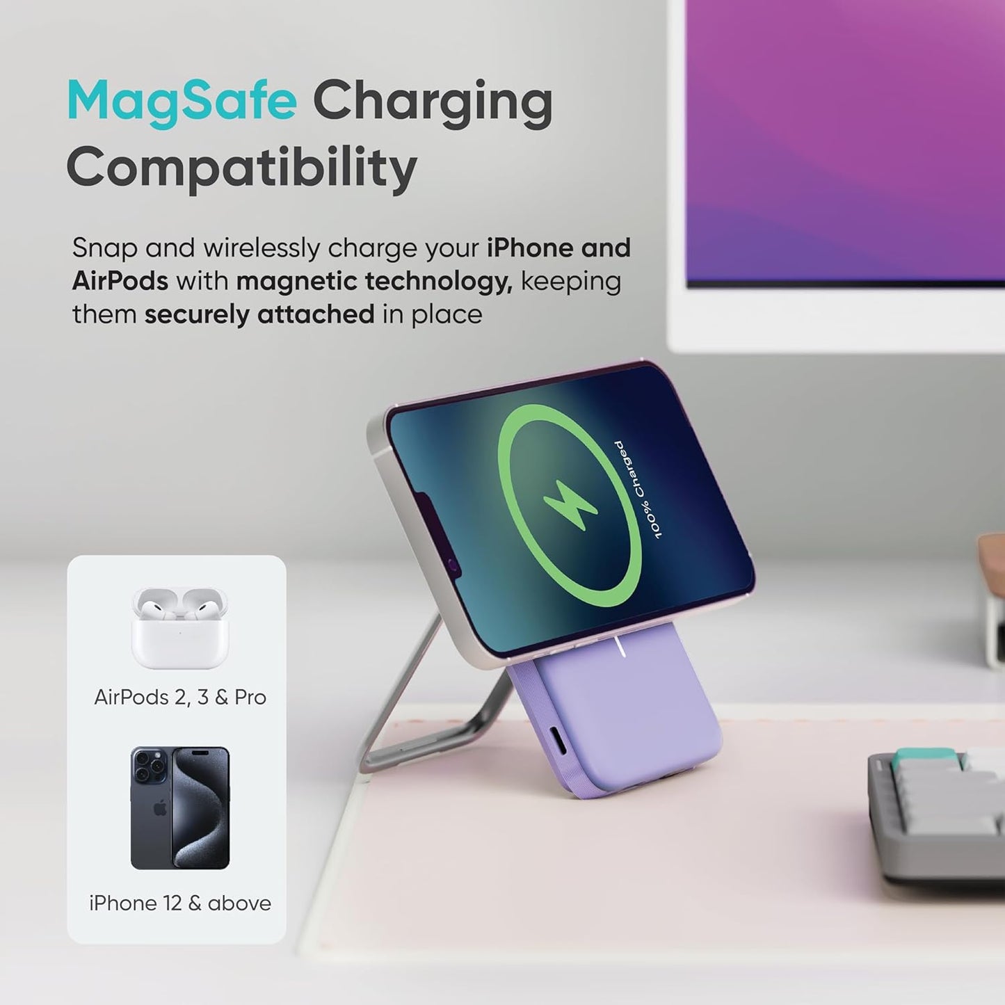 Ambrane 10000mAh MagSafe Powerbank with Stand 22.5W Wired & 15W Wireless Fast Charging Dual Input (Type-C & Lightning) | Triple Output | for iPhone 16/15/14/13/12 & Android Devices (PB11, Black)