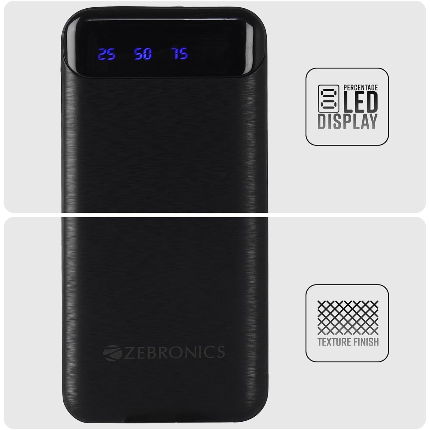 ZEBRONICS MB10000S4 Power Bank, 10000 mAh, 12W, Dual USB Output, Type C & Micro USB Input, Built in Protections, Percentage LED Display, Included USB to Type C Cable, Made in India