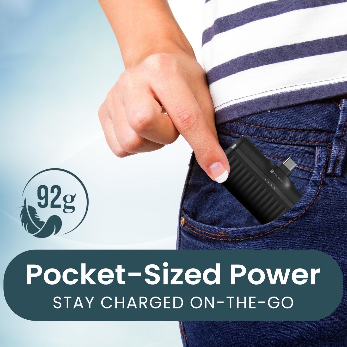 Portronics Power Pebble 5000mAh 20W Fast Charging Nano Powerbank, in-Built Foldable Type C Input/Output Pin, Type C PD Output, LED Battery Indicator, Compatible with Type C Smartphone,iPhone(Black)