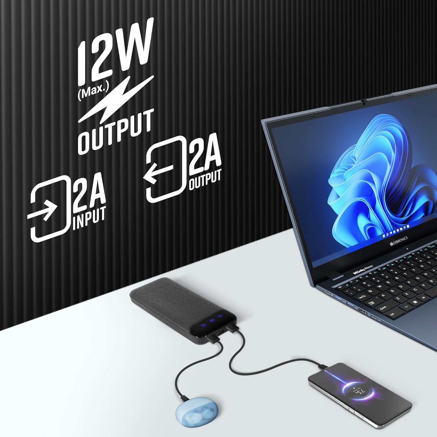 ZEBRONICS MB10000S4 Power Bank, 10000 mAh, 12W, Dual USB Output, Type C & Micro USB Input, Built in Protections, Percentage LED Display, Included USB to Type C Cable, Made in India