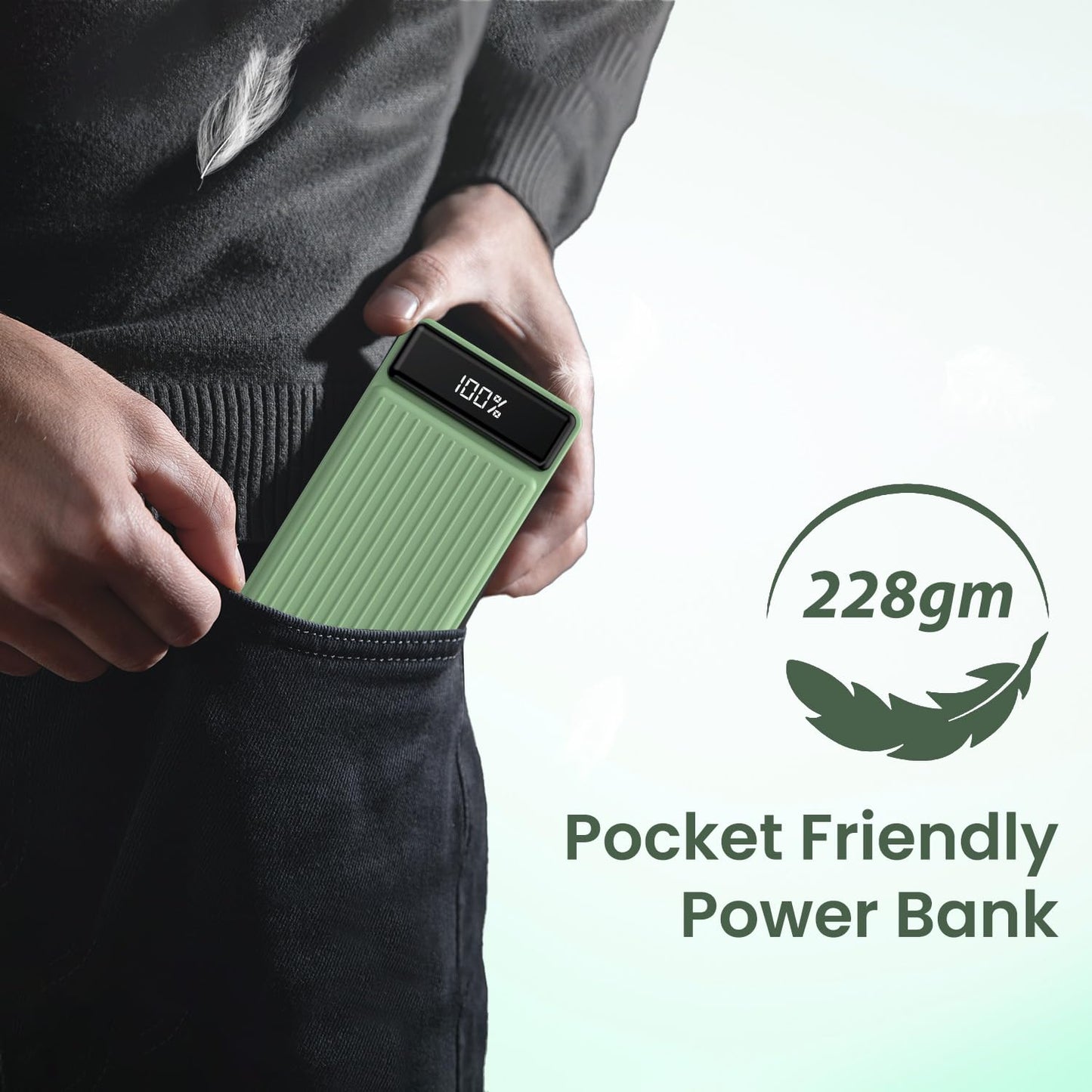 Portronics Luxcell B 10K 10000 mAh 22.5W Fast Charging Power Bank, Ultra Slim Power Bank with Mach USB-A Output, Type C PD Output, Type C Input, Wake Up Button(Green)