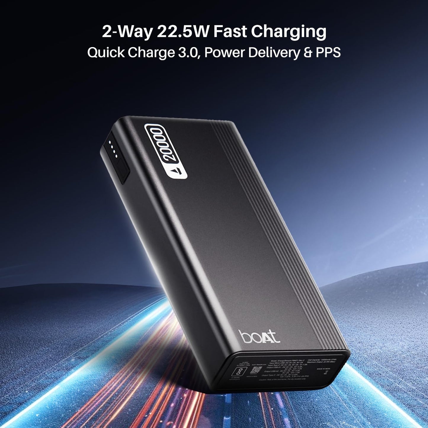 boAt Energyshroom PB401 20000mAh Power Bank| Micro USB and Type C (2-Way Input Ports), 22.5W, 3X Output Ports, Compatible with Tablets, Smartphones, Earbuds, Smartwatch (Carbon Black)