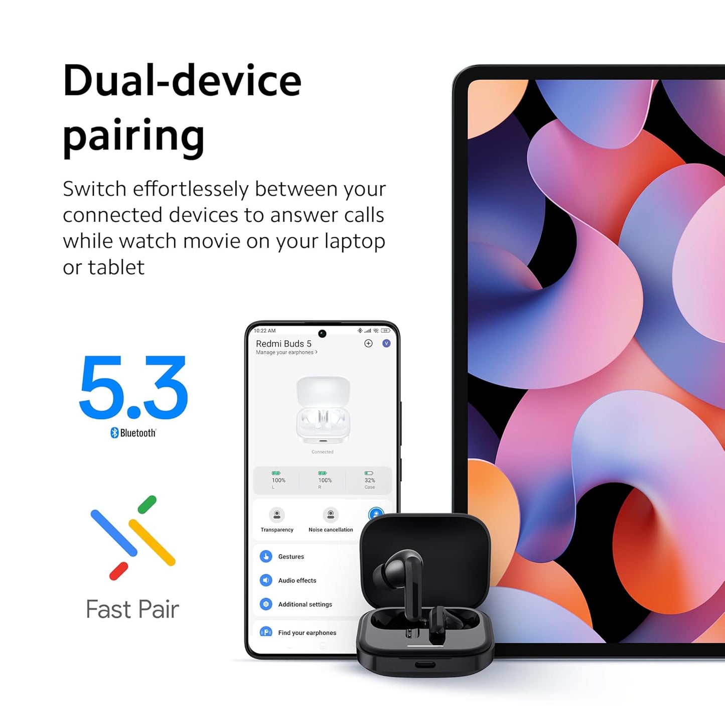 Redmi Buds 5 Bluetooth TWS Earbuds, Up to 46dB Hybrid Noise Cancellation, Quad Mic with AI Call Enhancement, 10mins Charge for 4Hours Life, Up to 38Hrs Playback| Fusion Purple