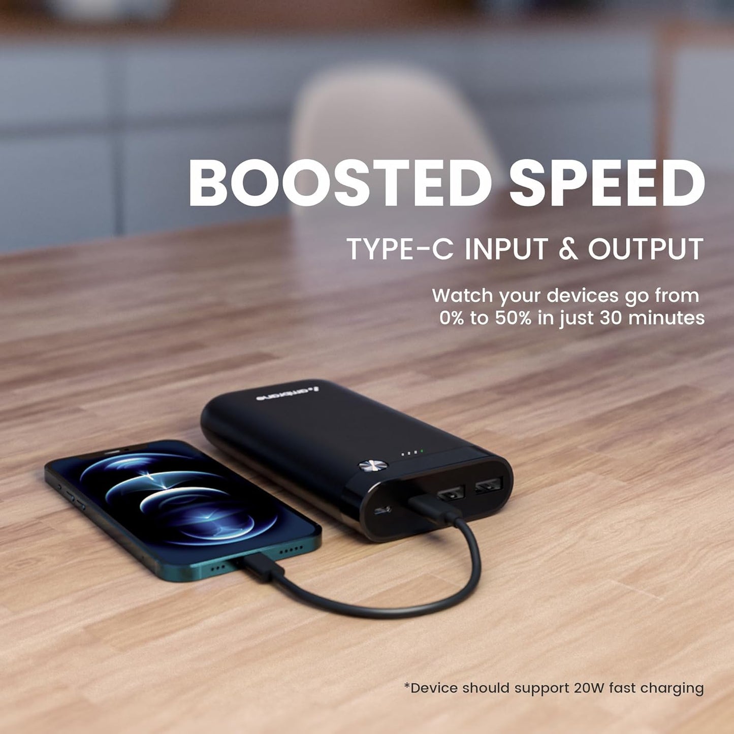 Ambrane 20000mAh Powerbank, 20W Fast Charging, Triple Output (2 USB & 1 Type C), Power Delivery, Quick Charge for iPhone, Android & Other Devices, Made in India + Type C Cable (PP-20 Pro, Green)