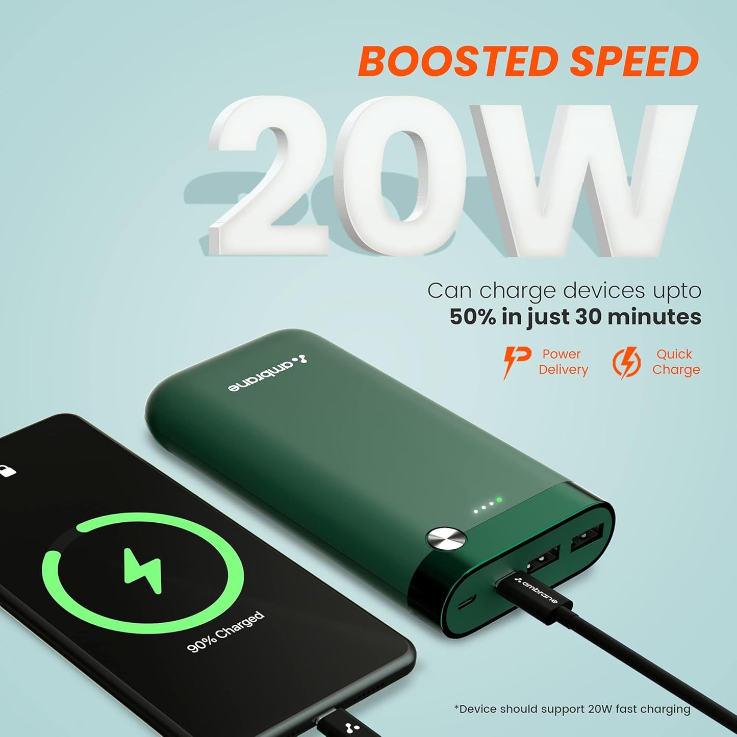 Ambrane 20000mAh Powerbank, 20W Fast Charging, Triple Output (2 USB & 1 Type C), Power Delivery, Quick Charge for iPhone, Android & Other Devices, Made in India + Type C Cable (PP-20 Pro, Green)