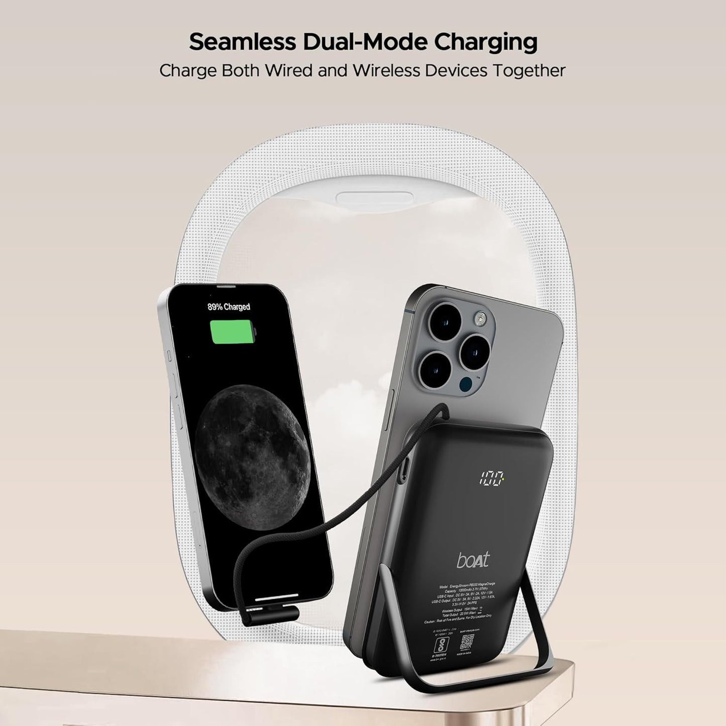 boAt Energyshroom PB330 MagnaCharge 10000 mAh Magnetic Wireless Power Bank w/ 15W Wireless Charging, Metal Stand,Magnacharge Ring for iPhone and Android Phones w/Wireless Charge(White)