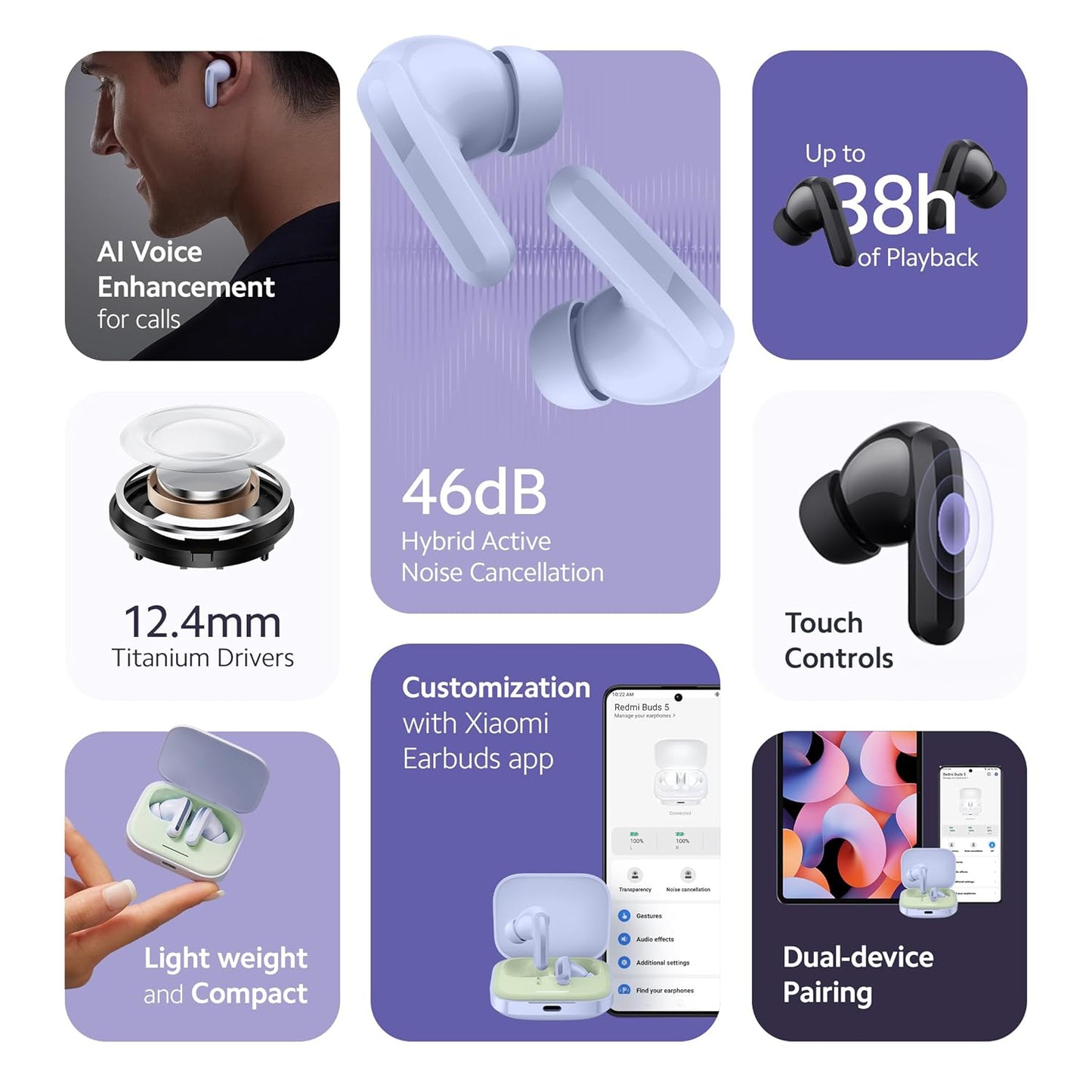 Redmi Buds 5 Bluetooth TWS Earbuds, Up to 46dB Hybrid Noise Cancellation, Quad Mic with AI Call Enhancement, 10mins Charge for 4Hours Life, Up to 38Hrs Playback| Fusion Purple