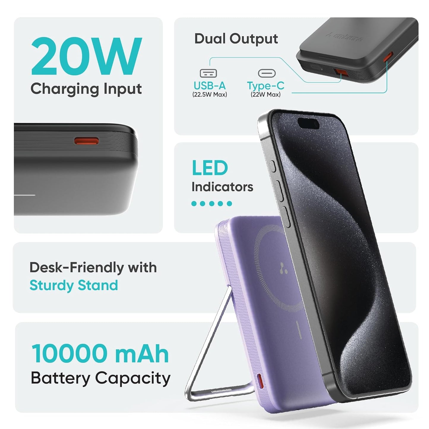 Ambrane 10000mAh MagSafe Powerbank with Stand 22.5W Wired & 15W Wireless Fast Charging Dual Input (Type-C & Lightning) | Triple Output | for iPhone 16/15/14/13/12 & Android Devices (PB11, Black)