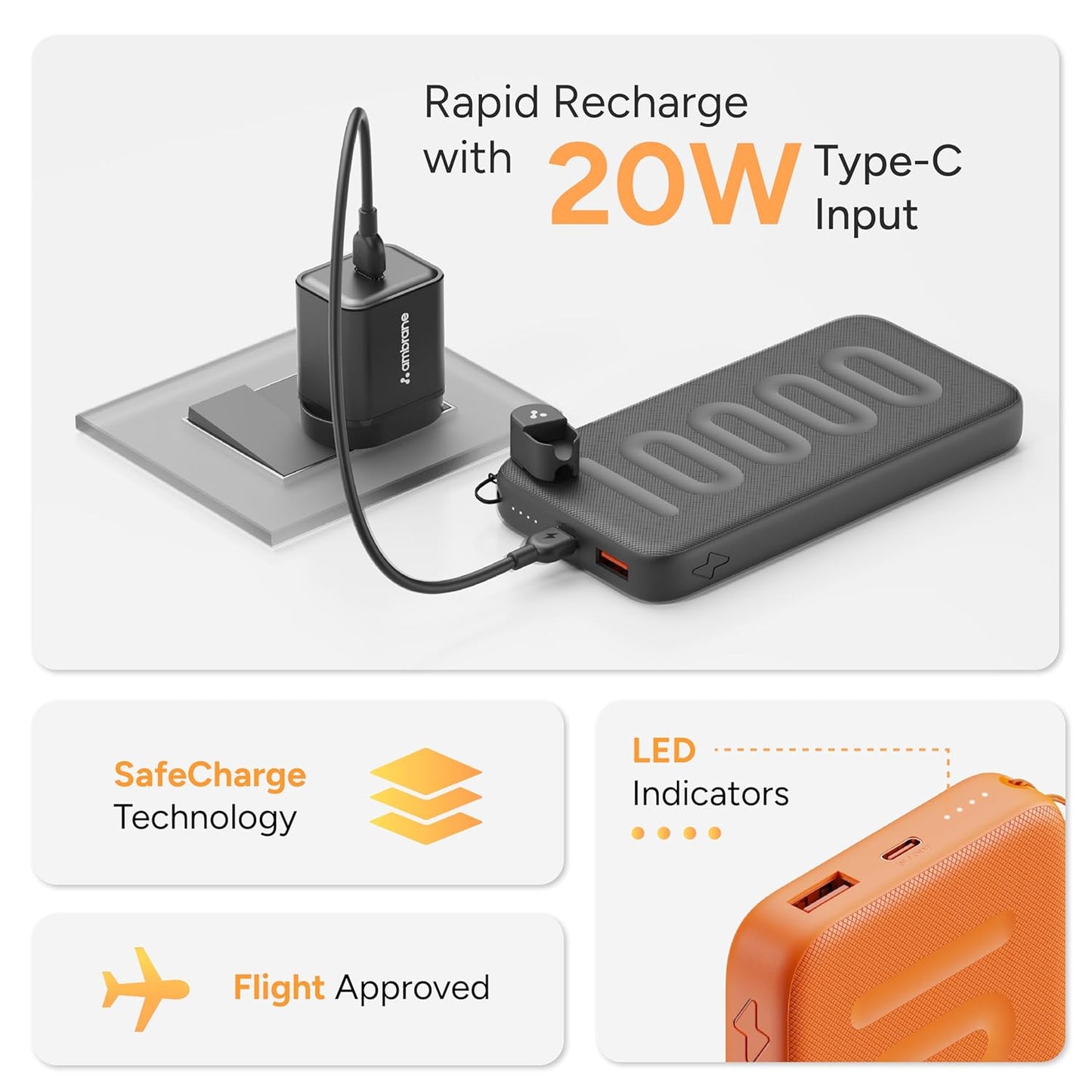 Ambrane 10000mAh Slim & Compact Powerbank, 22.5W Fast Charging, USB & Type C Output, Power Delivery, Quick Charge for iPhone, Android & Other Devices, Made in India + Type C Cable (Stylo N10, Black)