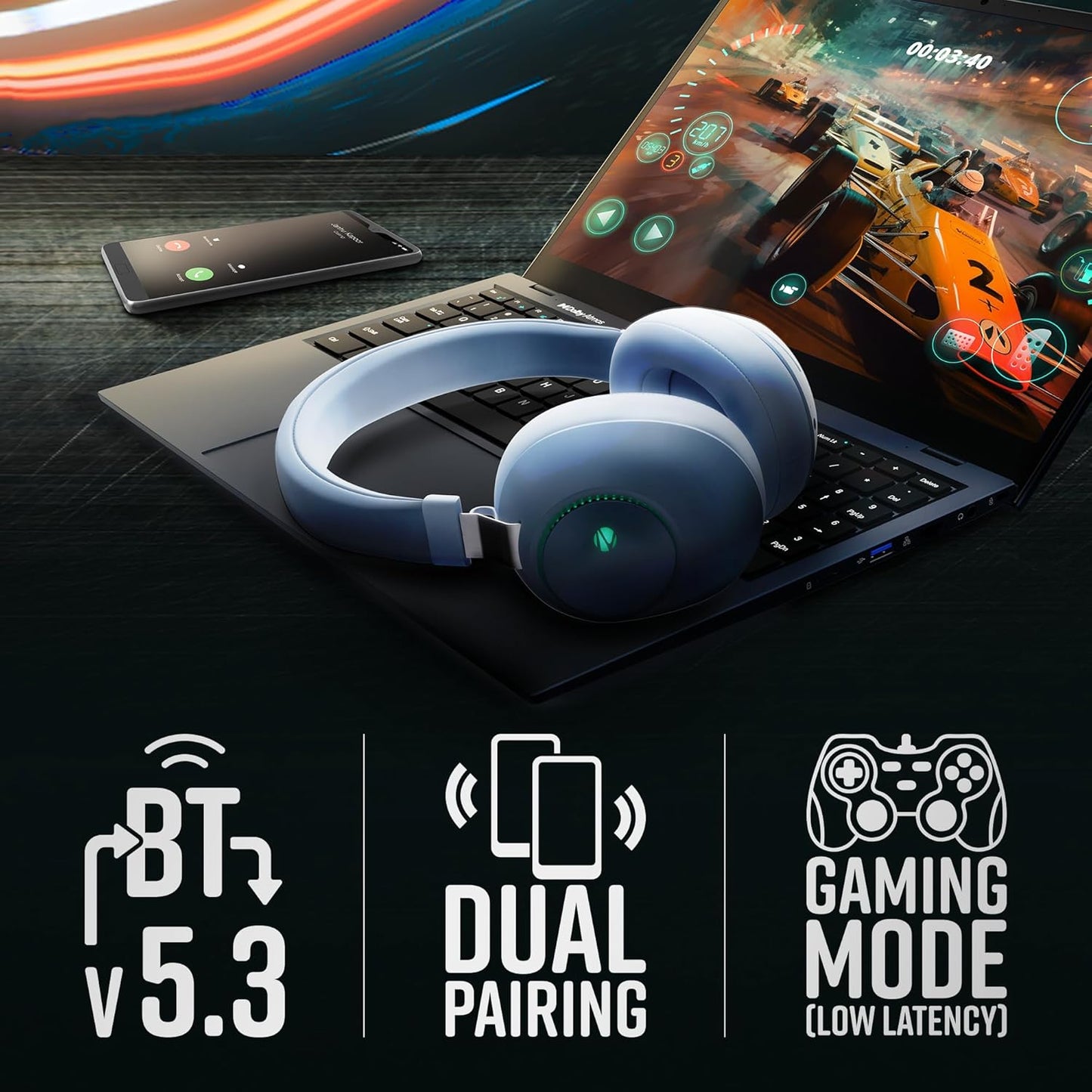 ZEBRONICS Duke Wireless Headphone with Up to 60h Backup, Supports Bluetooth, Dual Pairing, Gaming Mode, Environmental Noise Cancellation (ENC), LED Lights, Deep Bass, Voice Assistant Support (Blue)