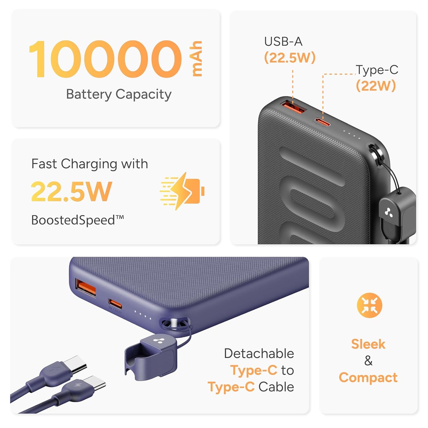 Ambrane 10000mAh Slim & Compact Powerbank, 22.5W Fast Charging, USB & Type C Output, Power Delivery, Quick Charge for iPhone, Android & Other Devices, Made in India + Type C Cable (Stylo N10, Black)