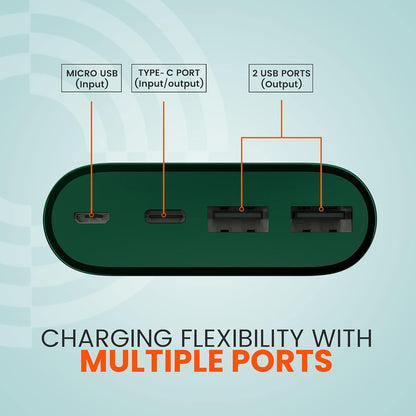 Ambrane 20000mAh Powerbank, 20W Fast Charging, Triple Output (2 USB & 1 Type C), Power Delivery, Quick Charge for iPhone, Android & Other Devices, Made in India + Type C Cable (PP-20 Pro, Green)