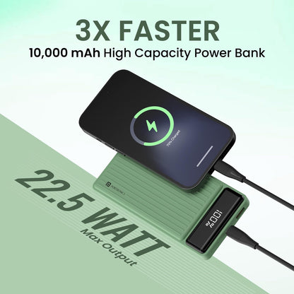 Portronics Luxcell B 10K 10000 mAh 22.5W Fast Charging Power Bank, Ultra Slim Power Bank with Mach USB-A Output, Type C PD Output, Type C Input, Wake Up Button(Green)