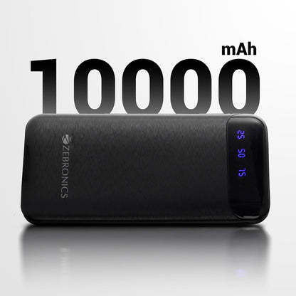 ZEBRONICS MB10000S4 Power Bank, 10000 mAh, 12W, Dual USB Output, Type C & Micro USB Input, Built in Protections, Percentage LED Display, Included USB to Type C Cable, Made in India