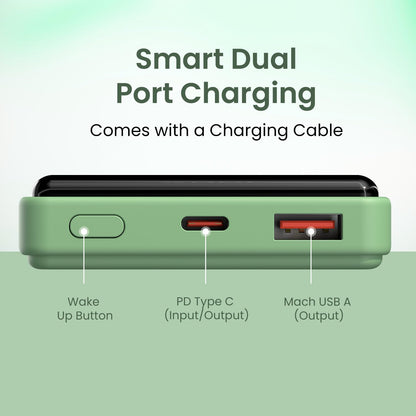 Portronics Luxcell B 10K 10000 mAh 22.5W Fast Charging Power Bank, Ultra Slim Power Bank with Mach USB-A Output, Type C PD Output, Type C Input, Wake Up Button(Green)