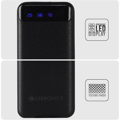 ZEBRONICS MB10000S4 Power Bank, 10000 mAh, 12W, Dual USB Output, Type C & Micro USB Input, Built in Protections, Percentage LED Display, Included USB to Type C Cable, Made in India