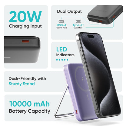 Ambrane 10000mAh MagSafe Powerbank with Stand 22.5W Wired & 15W Wireless Fast Charging Dual Input (Type-C & Lightning) | Triple Output | for iPhone 16/15/14/13/12 & Android Devices (PB11, Black)