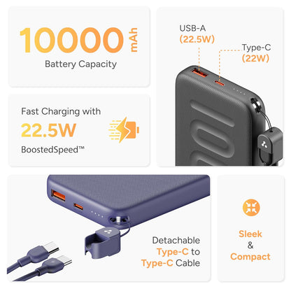 Ambrane 10000mAh Slim & Compact Powerbank, 22.5W Fast Charging, USB & Type C Output, Power Delivery, Quick Charge for iPhone, Android & Other Devices, Made in India + Type C Cable (Stylo N10, Black)